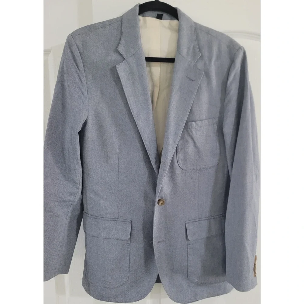J. Crew Men's Blue Chambray 3 Button Roll Italian Cotton Sports Coat Size Small
